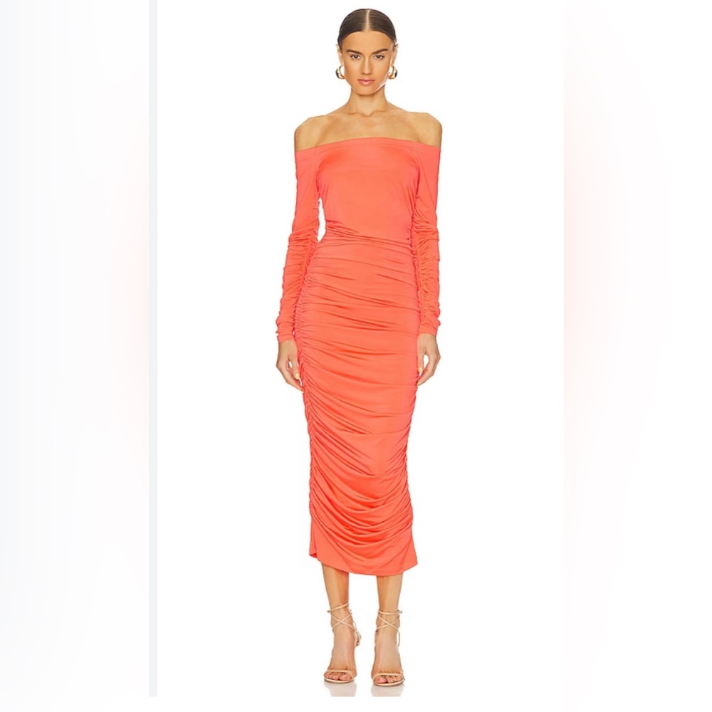 L'AGENCE Kamali Ruched Off Shoulder Dress in Neon Orange, $460